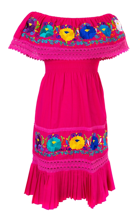 Puebla Mexican Dress w/ Belt Bata con Faja Vestido Flowers Red M/L 1 Size  1857 