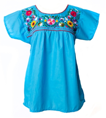 Mexican Embroidered Pueblo Blouse - Turquoise